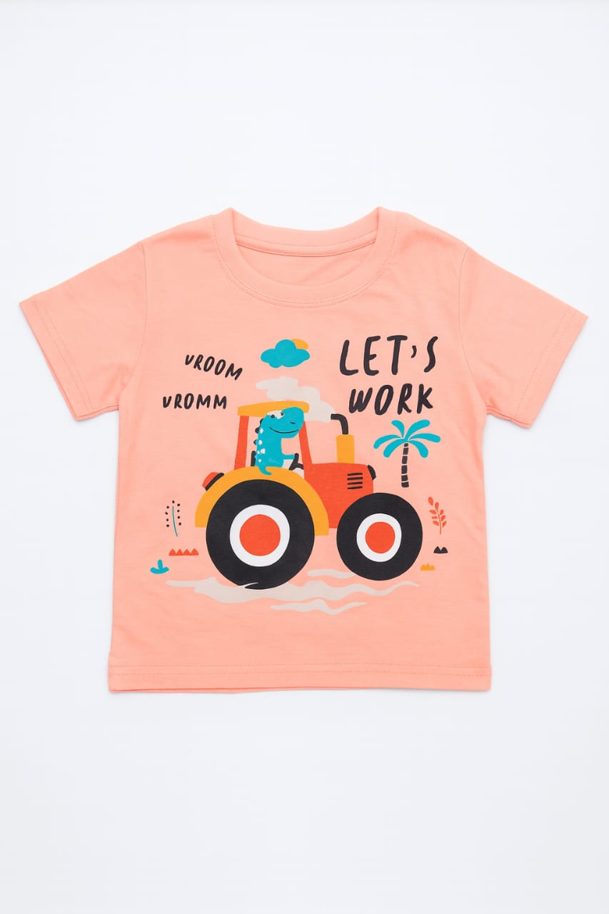 Tiny Trekkers "Let's Work" Tractor Dinosaur T-Shirt - 100% Cotton Orange Kids Tee