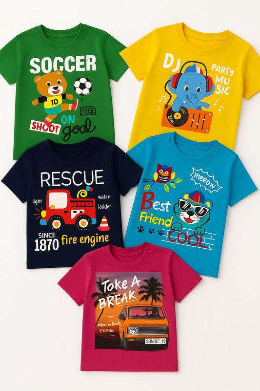 Tiny Trekkers 5-Pack Boys 100% Cotton Graphic T-Shirts – Premium 180 GSM Heavyweight Crew Neck Tee Bundle