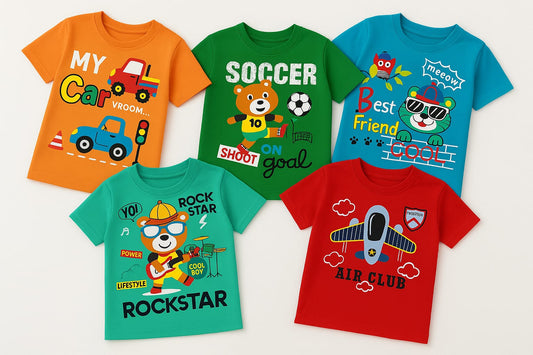Tiny Trekkers 5-Pack Boys 100% Cotton Graphic T-Shirts – Premium 180 GSM Heavyweight Soft Crew Neck Tees