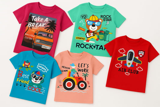 Tiny Trekkers 5-Pack Boys 100% Cotton Graphic T-Shirts – Premium 180 GSM Heavyweight Soft Crew Neck Tees (Multi-Design Bundle)