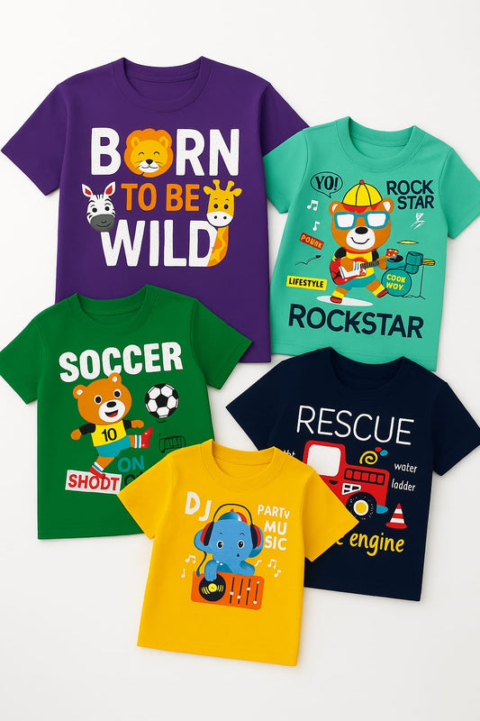 Tiny Trekkers 5-Pack Boys 100% Cotton Graphic T-Shirts | Premium 180 GSM Heavyweight Soft Summer Tees