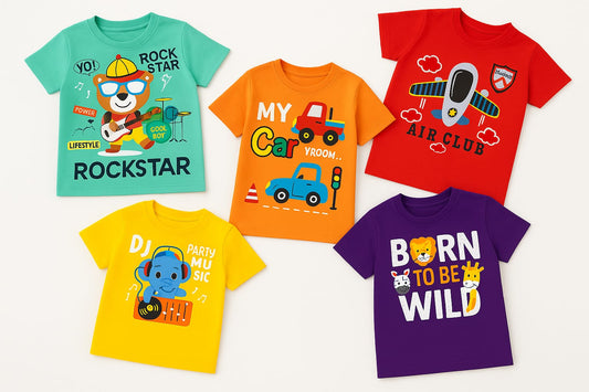 Tiny Trekkers 5-Pack Boys Premium 100% Cotton Graphic T-Shirts – 180 GSM Heavyweight Soft Summer Tees