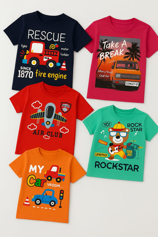 Tiny Trekkers 5-Pack Boys 100% Cotton Graphic T-Shirts – Premium 180 GSM Heavyweight Soft Summer Tees