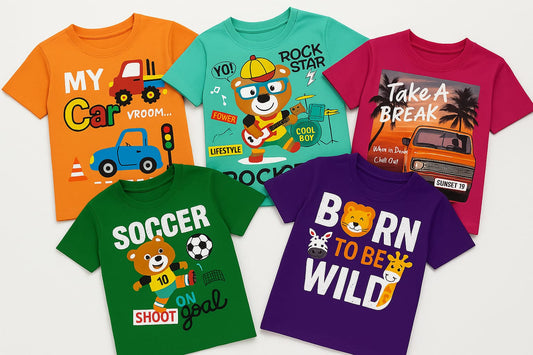 Tiny Trekkers Boys 5-Piece Graphic T-Shirt Set - 100% Cotton, 180 GSM Premium Tees