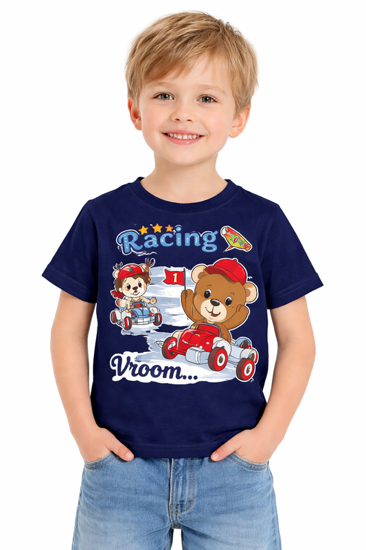 Boys Racing Bear T-Shirt – Cartoon Car Print Kids Tee (Vroom Design)