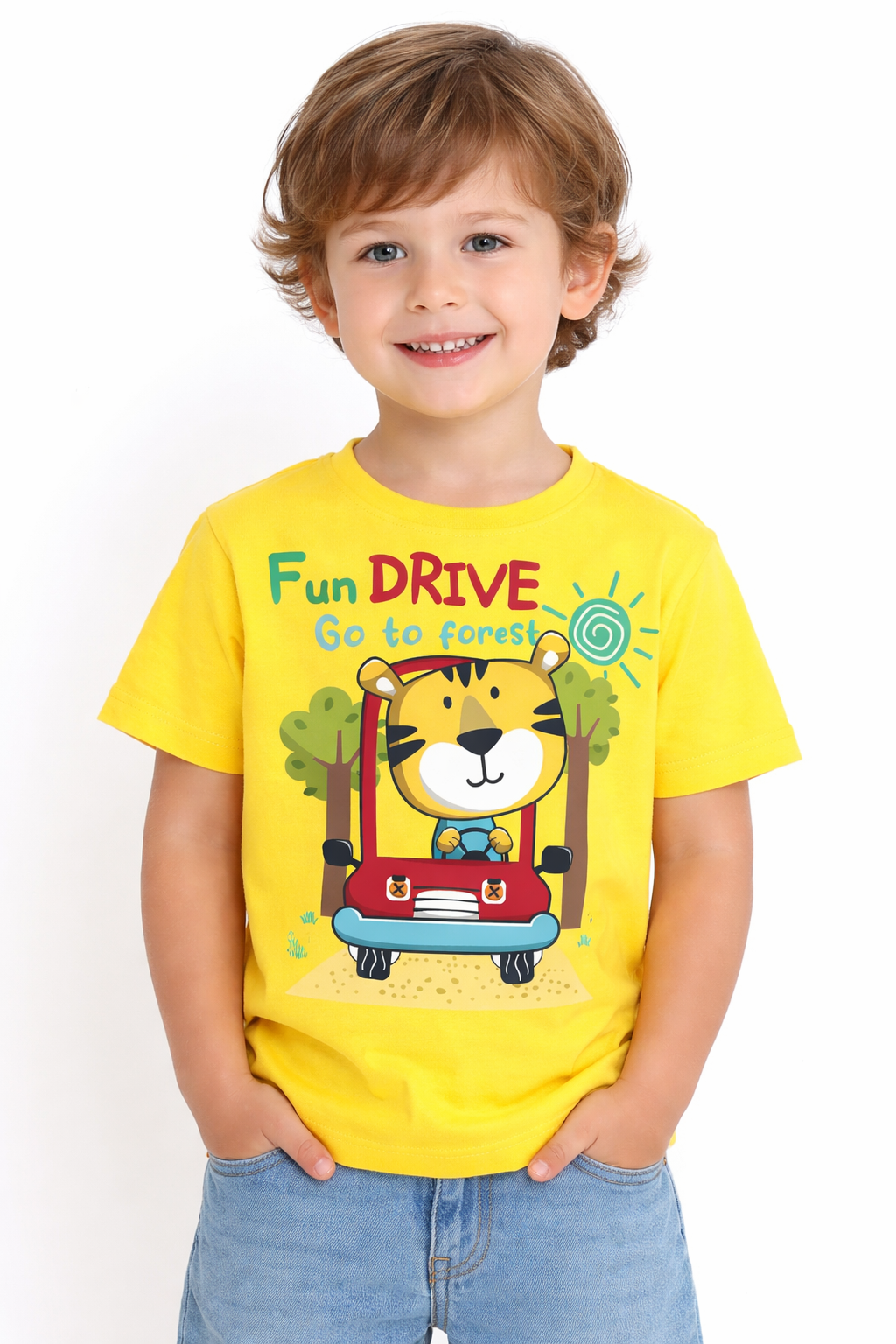 Kids' cotton T-shirt with tiger car print, fun cartoon graphic for boys and girls, by Tiny Trekkers.