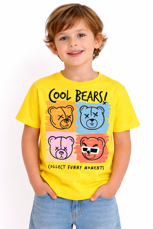 Kids' Cool Bears T-Shirt by Tiny Trekkers, 100% cotton with cute cartoon bear print, casual and comfortable for children.