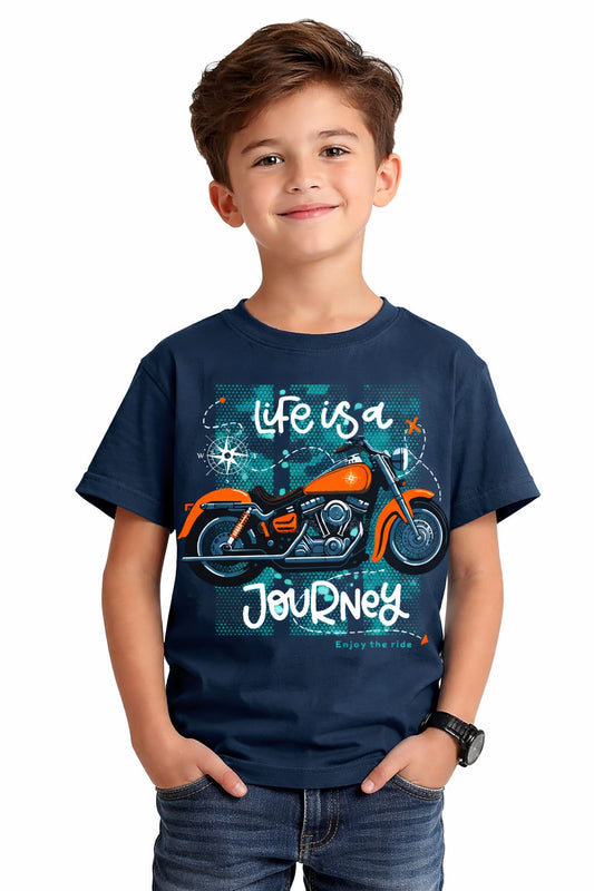 Boy wearing a white cotton motorcycle print T-shirt with "Life is a Journey" graphic by Tiny Trekkers, front view.