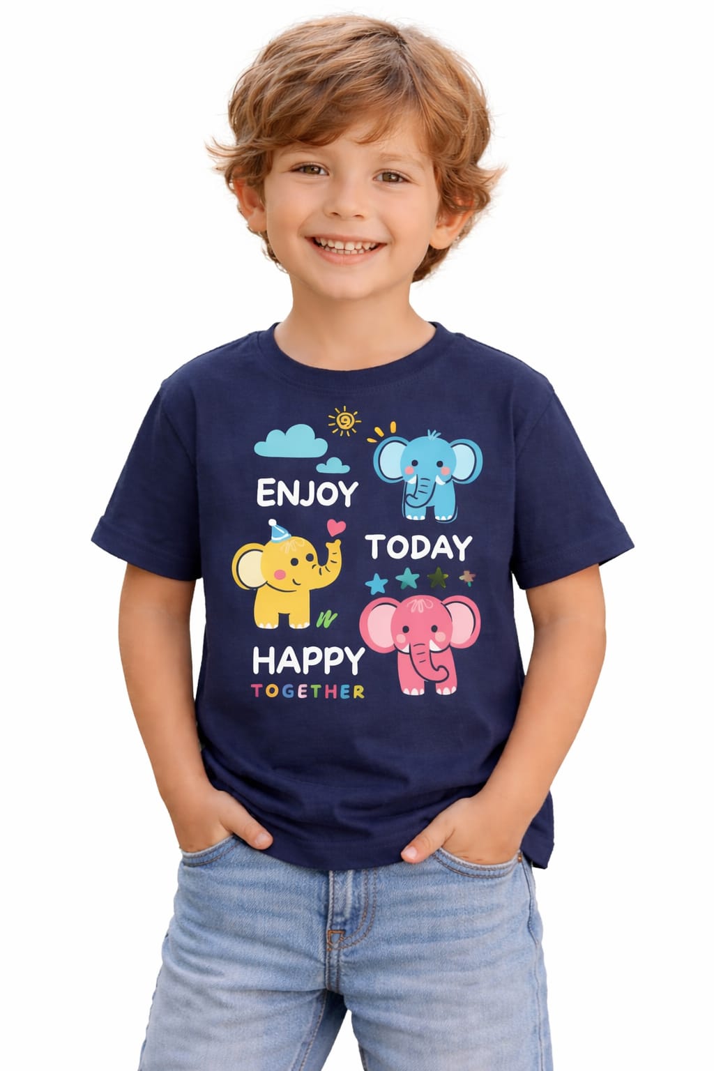 Kids' cute elephant print T-shirt by Tiny Trekkers, made of soft 100% cotton, featuring playful elephant design for boys' casual wear.