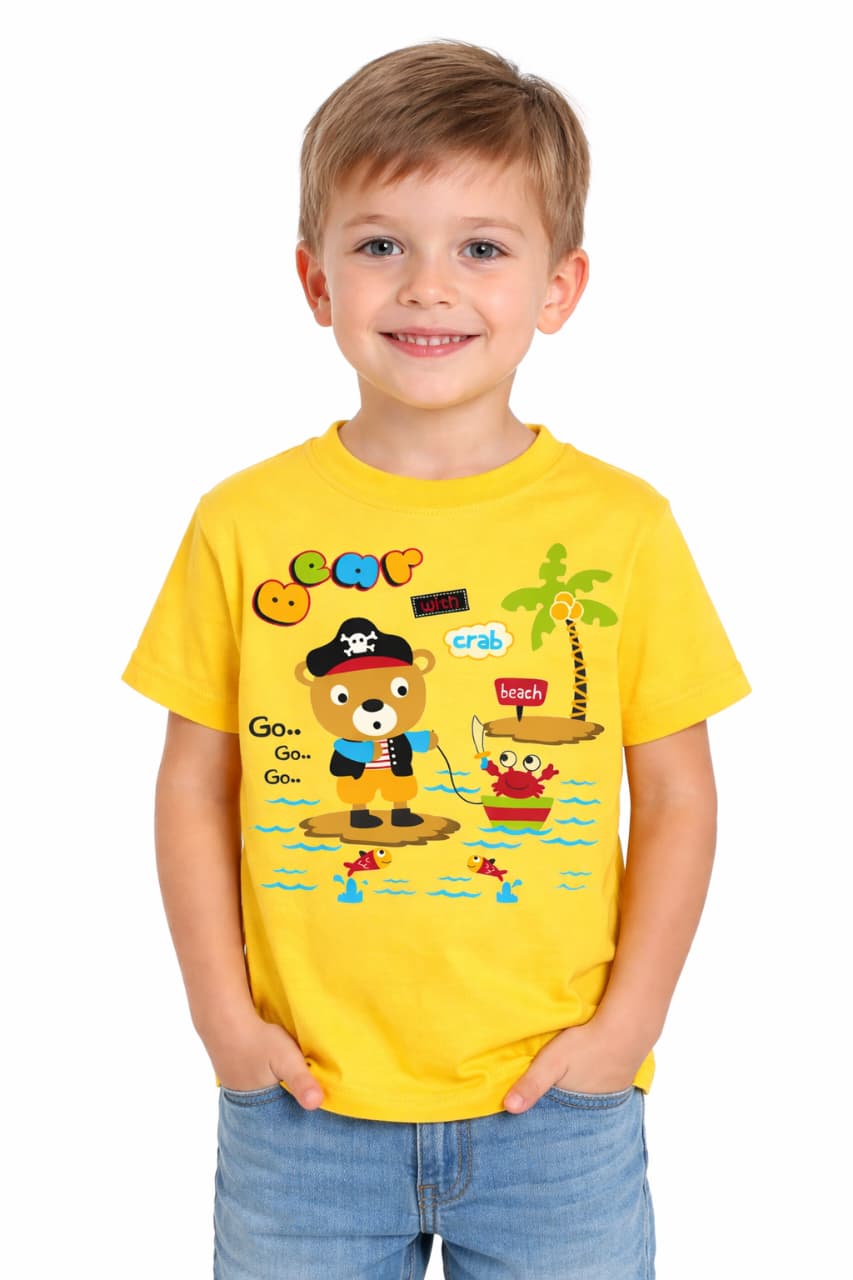 Cute kids yellow bear pirate beach graphic T-shirt by Tiny Trekkers, made from soft 100% cotton, featuring a playful bear pirate design.