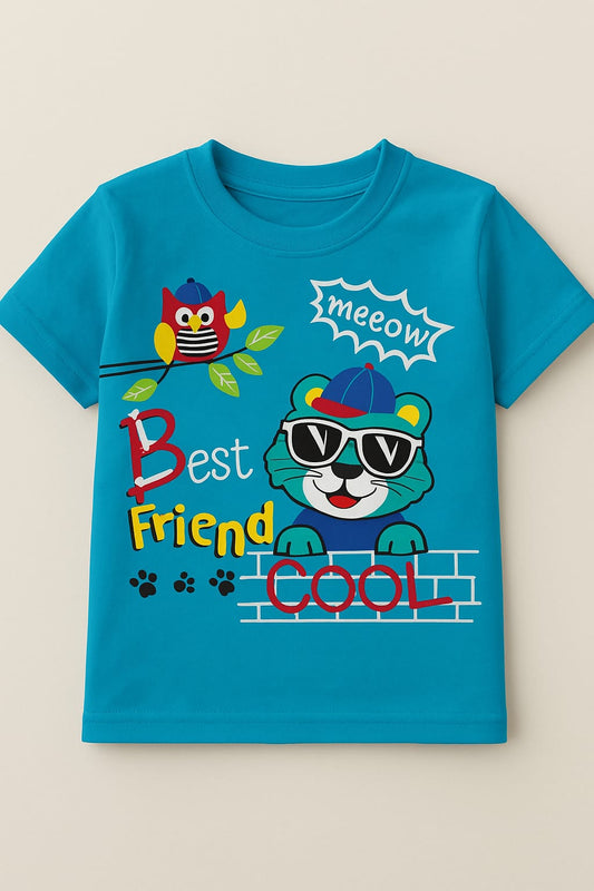 Tiny Trekkers "Best Friend Cool" Cat & Owl Graphic T-Shirt - 100% Cotton Blue Kids Tee