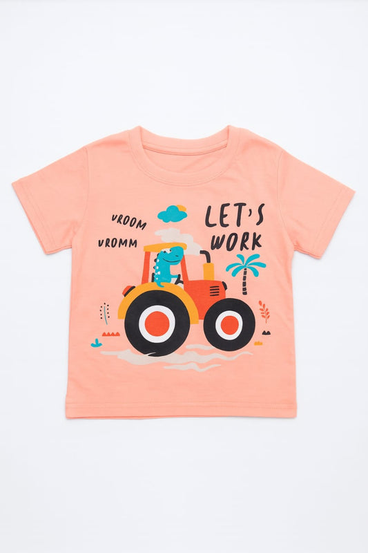 Tiny Trekkers "Let's Work" Tractor Dinosaur T-Shirt - 100% Cotton Orange Kids Tee