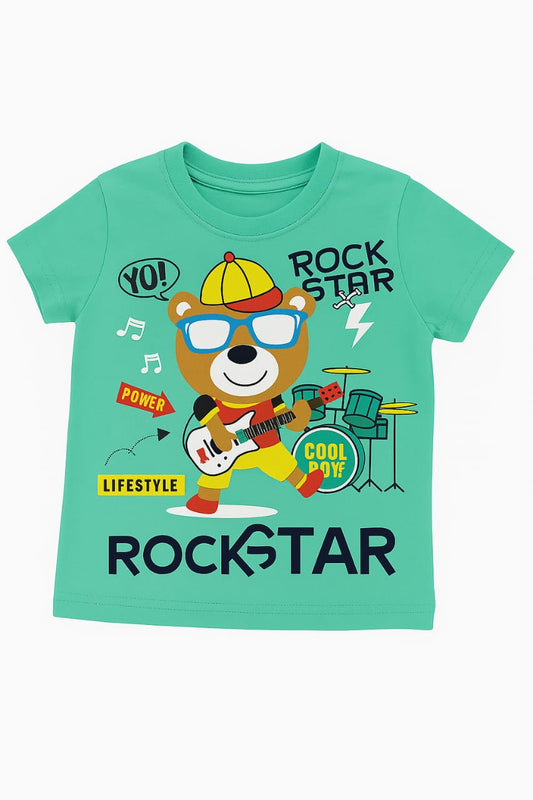 Tiny Trekkers "Rock Star Power" Bear Guitar T-Shirt - 100% Cotton Green Kids Tee