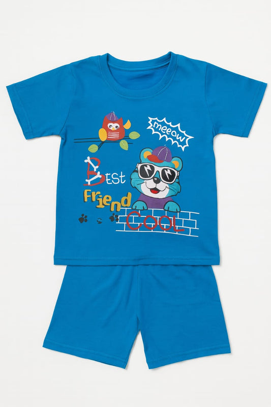 Tiny Trekkers: "Best Friend Cool" Cat & Owl Kids' T-Shirt and Shorts Play Set (Royal Blue)
