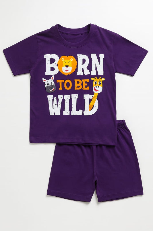 Tiny Trekkers: "Born to Be Wild" Safari Comfort Kids' T-Shirt and Shorts Set (Purple)
