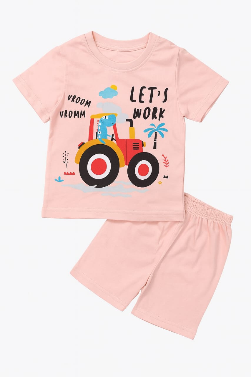 Tiny Trekkers: "Let's Work" Dino Tractor Kids' T-Shirt and Shorts Play Set (Light Pink)
