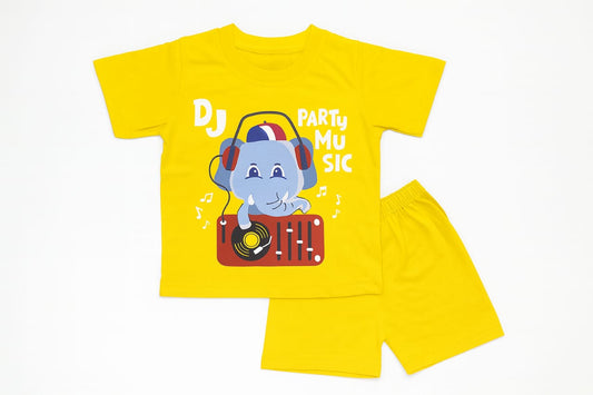 Tiny Trekkers: "Party Music DJ" Elephant Kids' T-Shirt and Shorts Play Set (Bright Yellow)