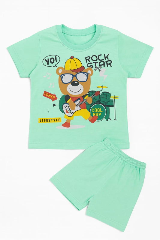 Tiny Trekkers: "Rockstar Power" Bear Guitar Kids' T-Shirt and Shorts Play Set (Mint Green)