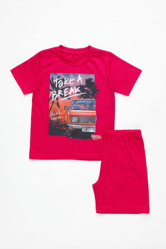 Tiny Trekkers: "Take A Break" Sunset Beach Van Kids' T-Shirt and Shorts Set (Fuchsia Pink)