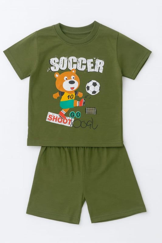 Tiny Trekkers: "Shoot! Go Goal" Soccer Bear Kids' T-Shirt and Shorts Play Set (Olive Green)