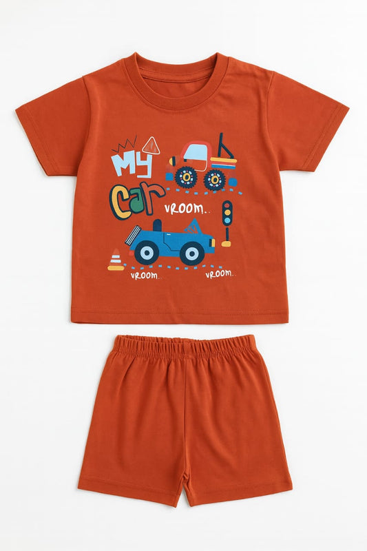 Tiny Trekkers: "My Car Vroom" Kids' Summer T-Shirt and Shorts Play Set (Terracotta Orange)
