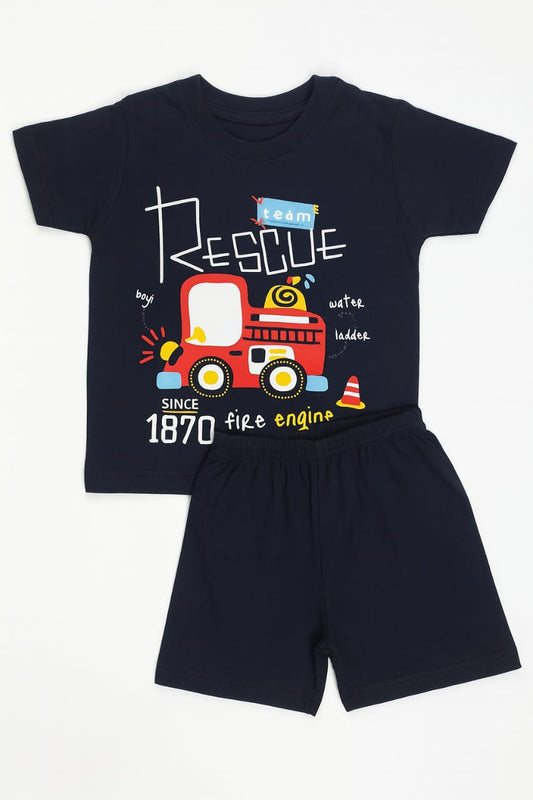 Tiny Trekkers: "Rescue Team" Fire Engine Kids' T-Shirt and Shorts Play Set (Navy Blue)