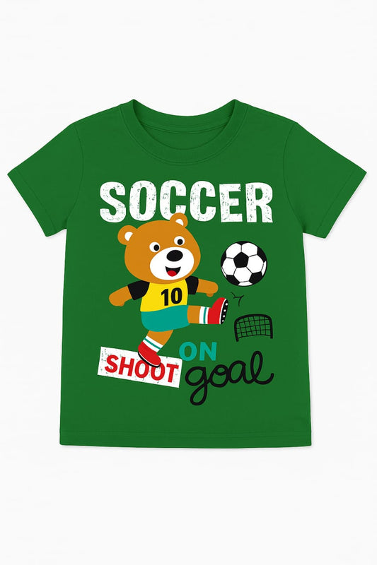 Tiny Trekkers "Shoot On Goal" Soccer Bear T-Shirt - 100% Cotton Green Kids Tee