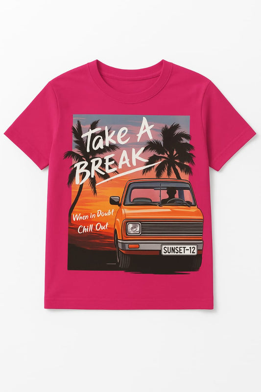 Tiny Trekkers "Take A Break" Sunset Vacation T-Shirt - 100% Cotton Pink Kids Tee